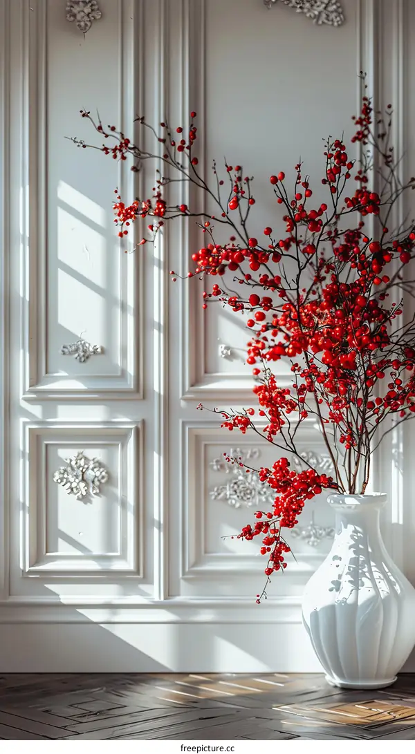 A tall white vase with a large amount of red berries sits in front of a white wall with white molding.