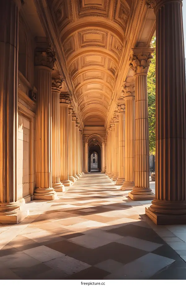 Classic Architecture with Stone Columns and Vaulted Ceiling