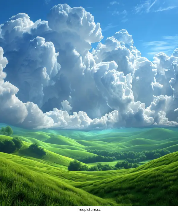 Picturesque Rolling Hills Under a Sky of Cumulus Clouds