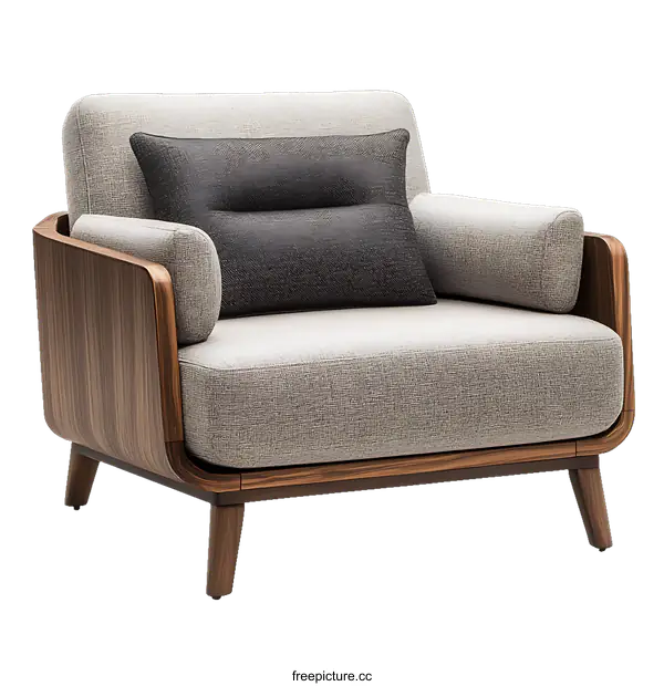 [Transparent Background PNG]Modern Wooden Armchair with Grey Cushions
