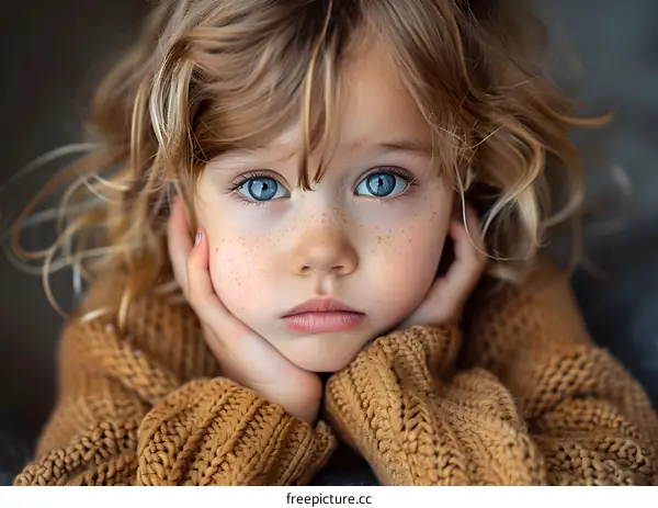 Portrait of a young girl with freckles and blue eyes