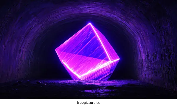 Abstract Neon Cube in Dark Tunnel
