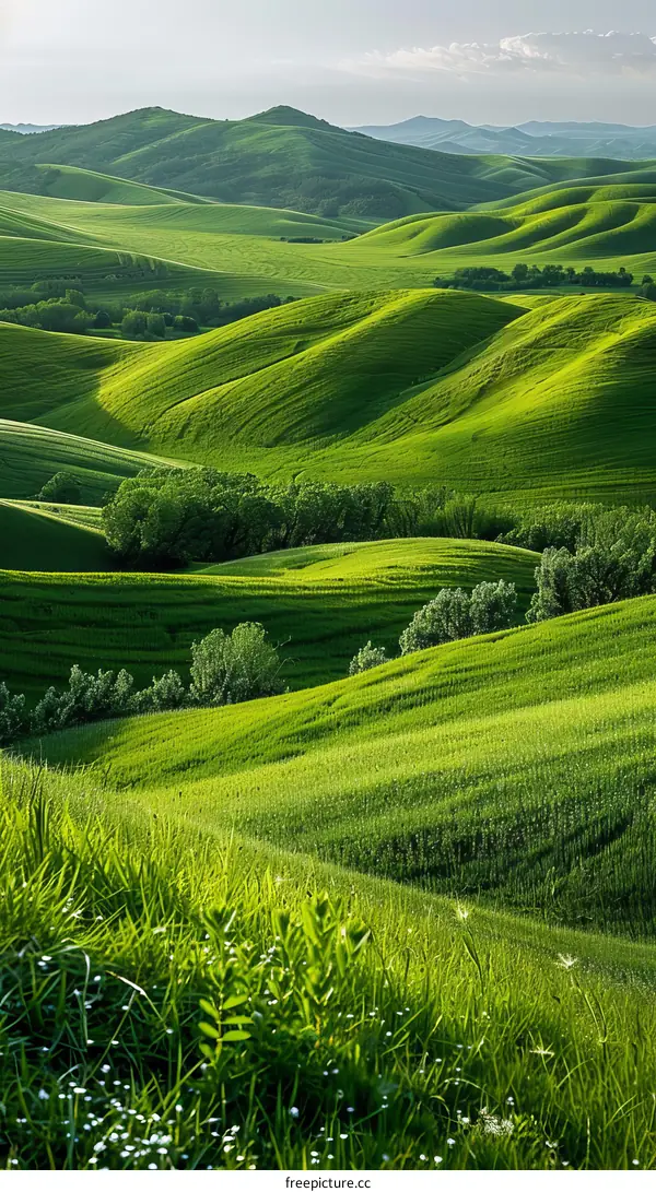 Picturesque green hills undulate under a blue sky