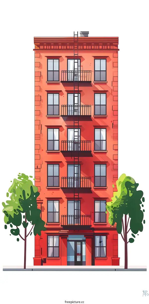 Red Brick Building with Green Trees Illustration