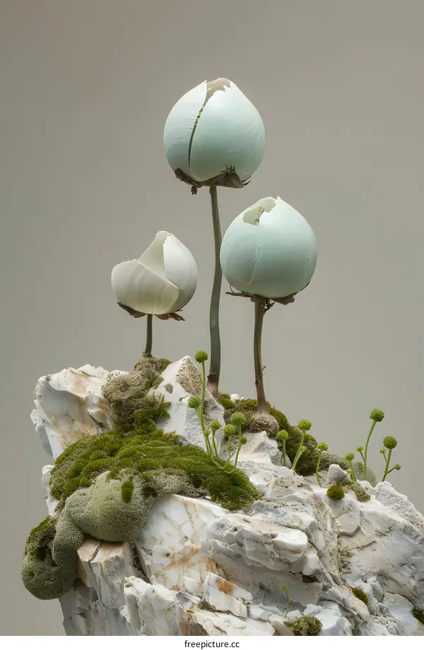 Minimalist Still Life Photography with Green Pods and Moss Covered Rocks