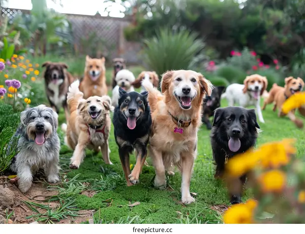 A group of dogs of different breeds are running on a grassy field