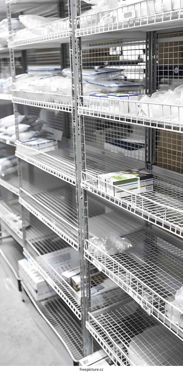 Empty Metal Shelving Units In A Warehouse