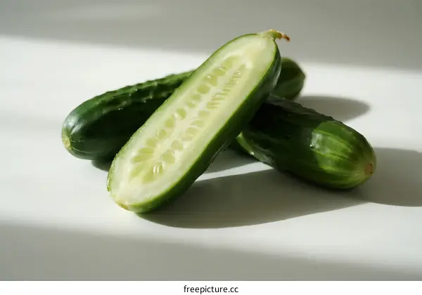 Fresh green cucumber with half cut showing juicy flesh and seeds