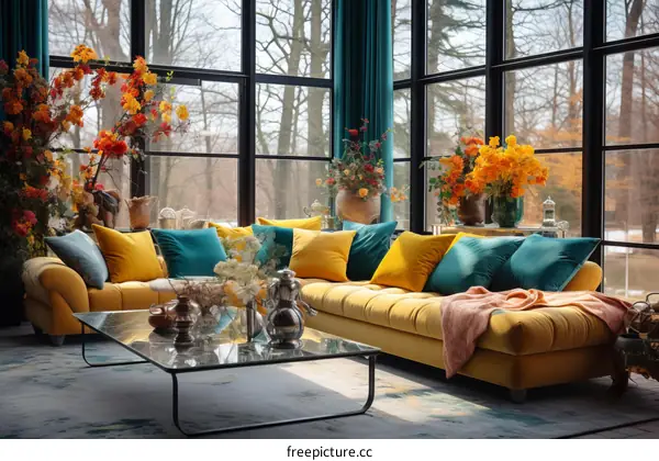 Modern Living Room Interior Design with Expansive Windows and Floral Accents