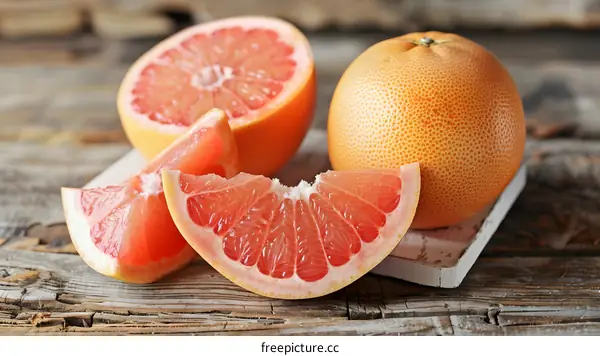 Fresh Juicy Pink Grapefruit on Wooden Table