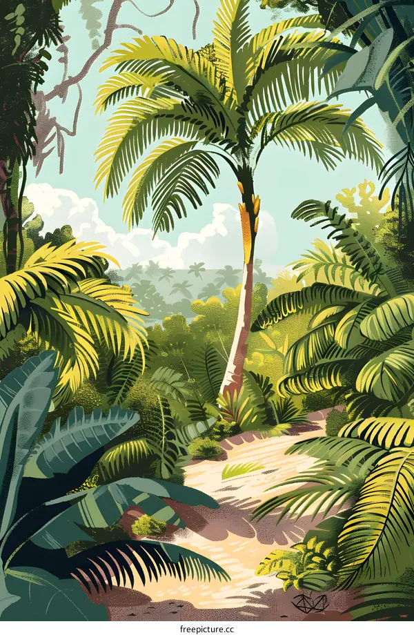 Tropical Jungle Illustration with Palm Trees and Lush Greenery
