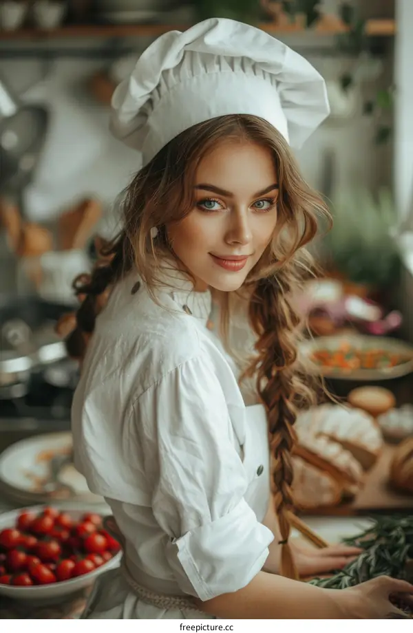 Smiling Portrait of a Young Female Chef in Kitchen
