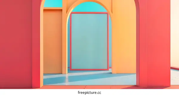 Abstract Minimalist Architecture with Arched Entrance and a Red Frame