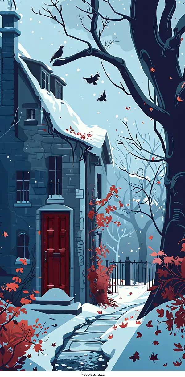 Winter Landscape with a Red Door and Snow Covered Cottage