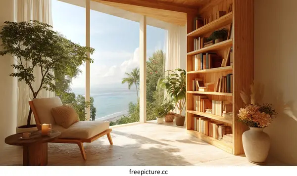 Coastal Modern Reading Nook with Wooden Bookshelf