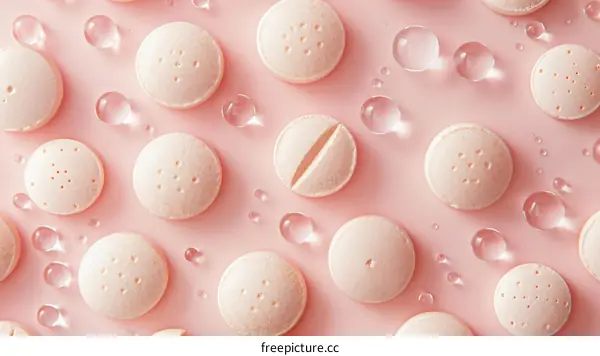 Close-up image of pink pills and water droplets on a pink background