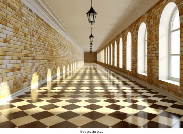 Long, Empty Hallway with Brick Walls and Arched Windows
