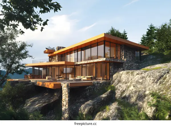 Modern Cliffside House Design with Large Windows