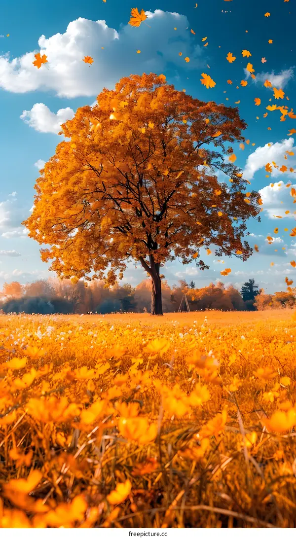 Golden Autumn Tree with Falling Leaves