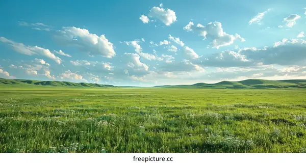 Vast green grassland under blue sky with white clouds