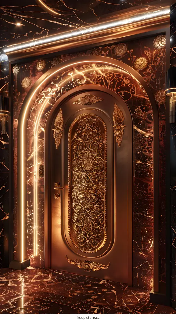 Golden Doorway with Ornate Carvings and Marble Wall