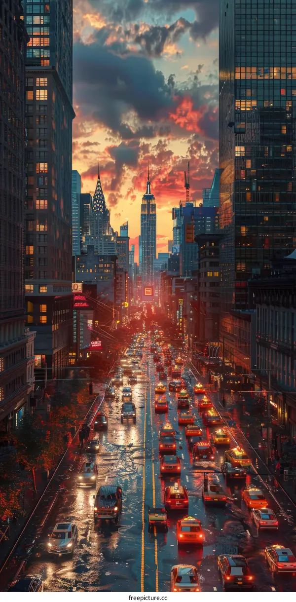 New York City Skyline Sunset Traffic