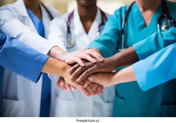 Multiracial group of doctors joining hands in solidarity