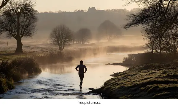 Man Running in Foggy Meadow with River and Trees