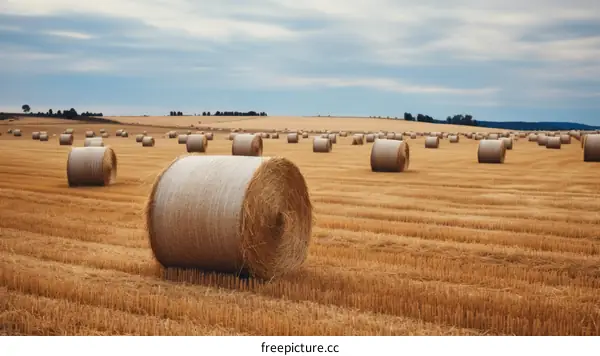 Field of hay bales under cloudy sky