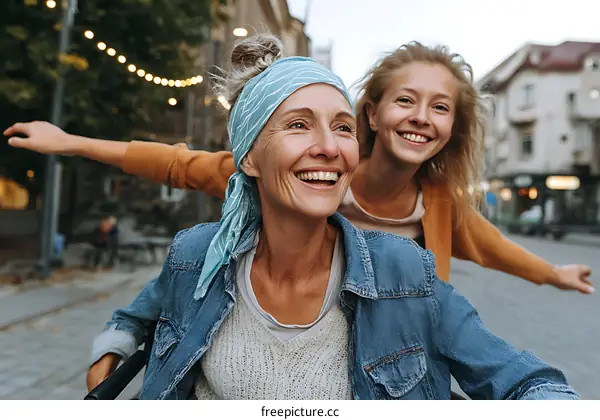 Happy Mother Daughter Moment in City Street