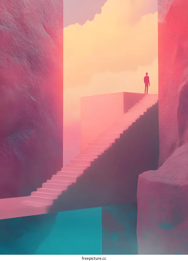 A Man Standing on Top of a Staircase in a Surreal Landscape