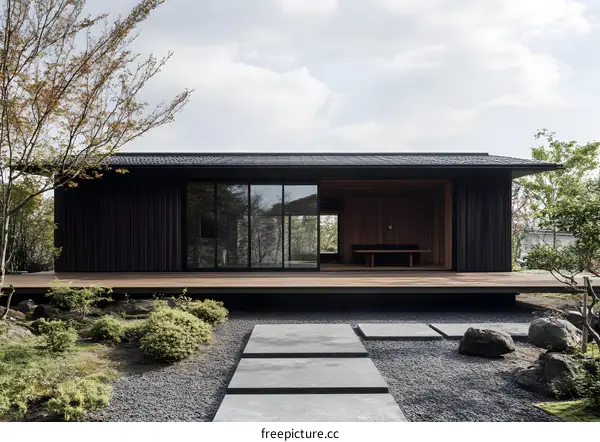 Modern Japanese Style House with Wooden Deck and Gravel Garden