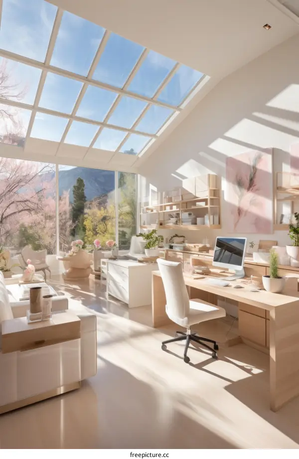 Home office with a large glass window and a view of the mountains