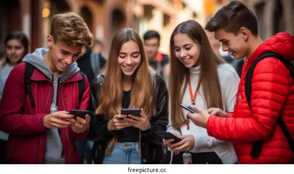 Four teenagers looking at their phones and smiling