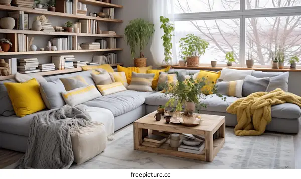 A cozy living room with a large gray couch, yellow pillows, and a coffee table