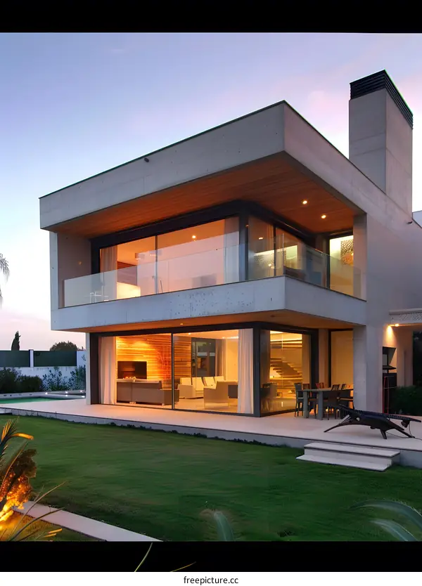 Modern Concrete House with Large Windows and Patio