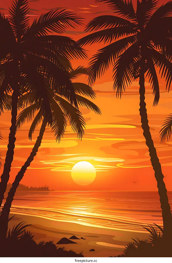 Silhouette of Palm Trees at Sunset Beach