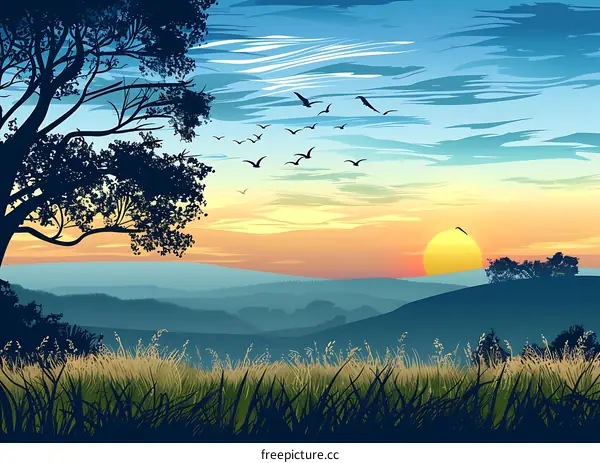 Sunset Landscape With Silhouette of Tree