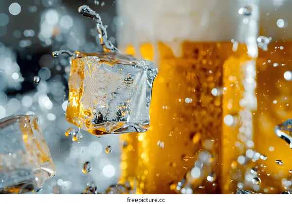 Close Up of Ice Cubes Falling into Beer