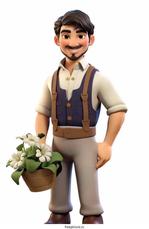 Farmer Holding Flowerpot with Blooming Flowers