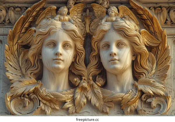 Two female head sculptures with golden wings and leaves