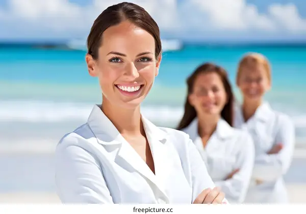 Smiling Woman with Two Friends on Beach