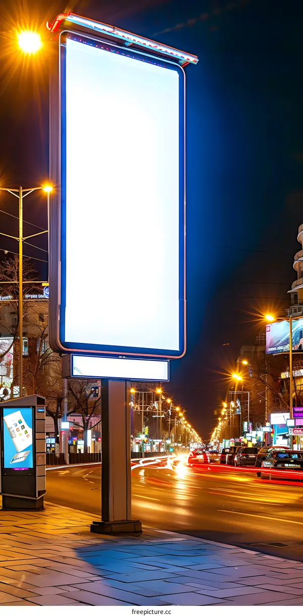 Blank Billboard On Street At Night