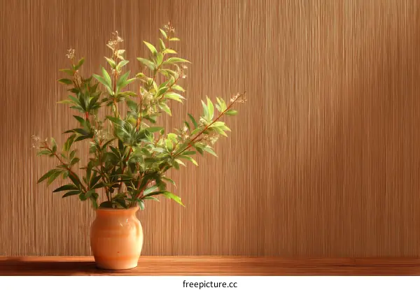 Vase with Blossoming Branches Against a Wood Background