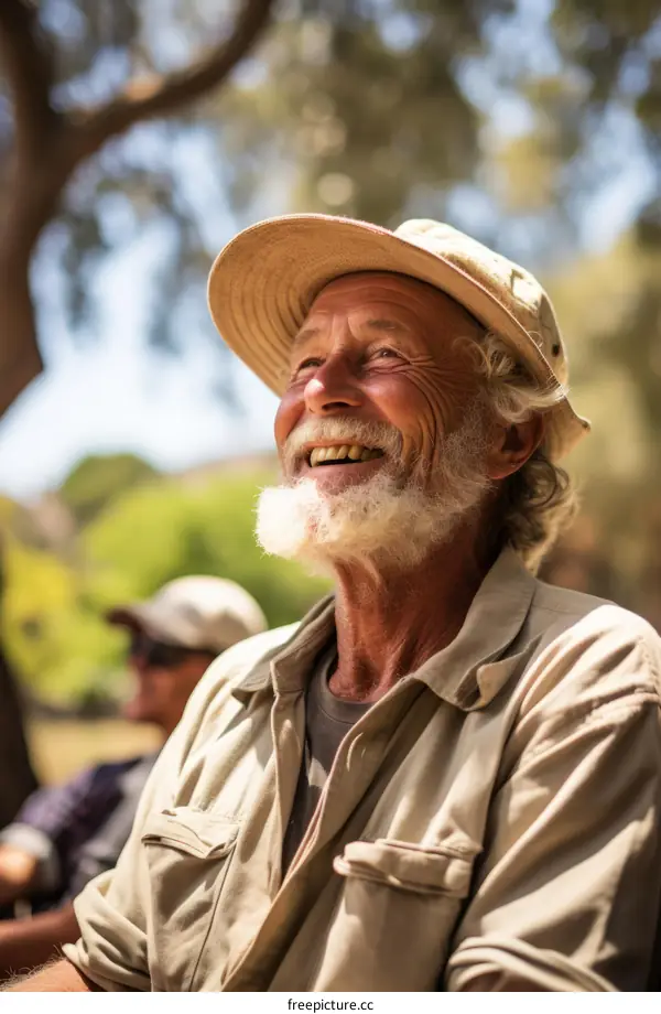 Portrait of a smiling elderly man with a beard wearing a hat