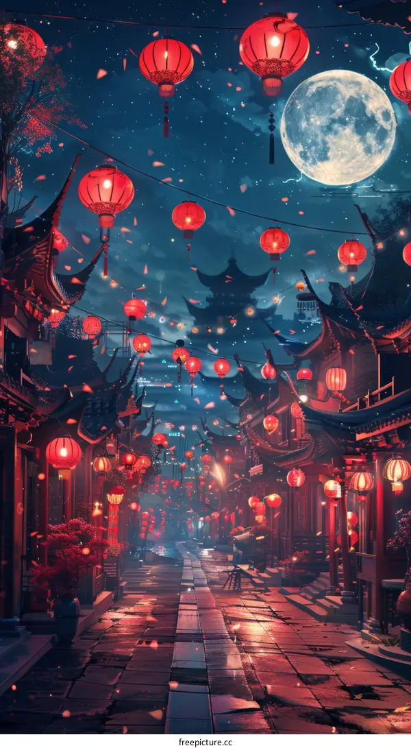 Chinese Town Night Scene with Red Lanterns