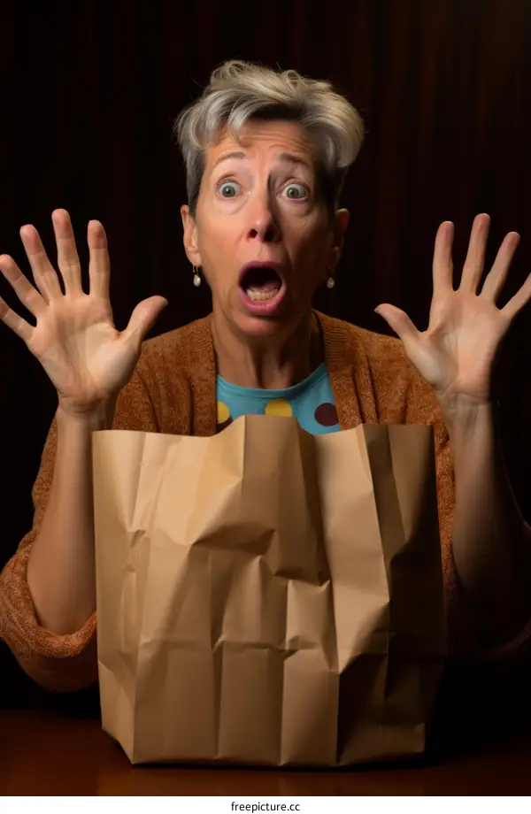 A woman with a paper bag over her head looks surprised