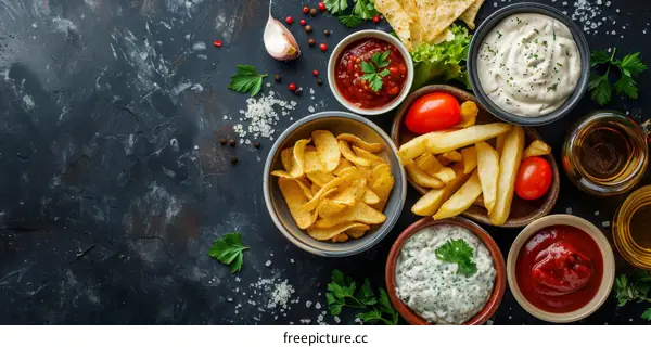 Variety of Snacks and Dips on a Black Background