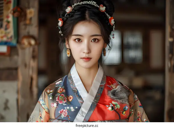 Portrait of a beautiful Asian woman in traditional Korean dress, Hanbok
