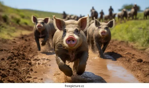A group of muddy pigs running towards the camera on a muddy field